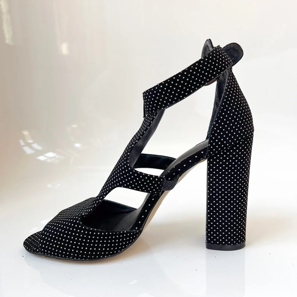 Baldi London Polka Dot Cage Sandal High Block Heel Open Toe Black White 8.5